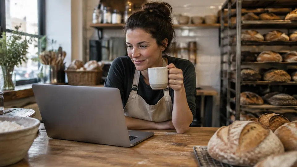 A bakery owner reads her laptop at the shop counter with a coffee, loaves of bread on racks behind her