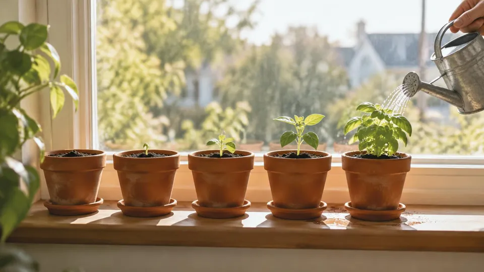 Five terracotta pots on a sunny windowsill with seedlings at different stages of growth, one being watered