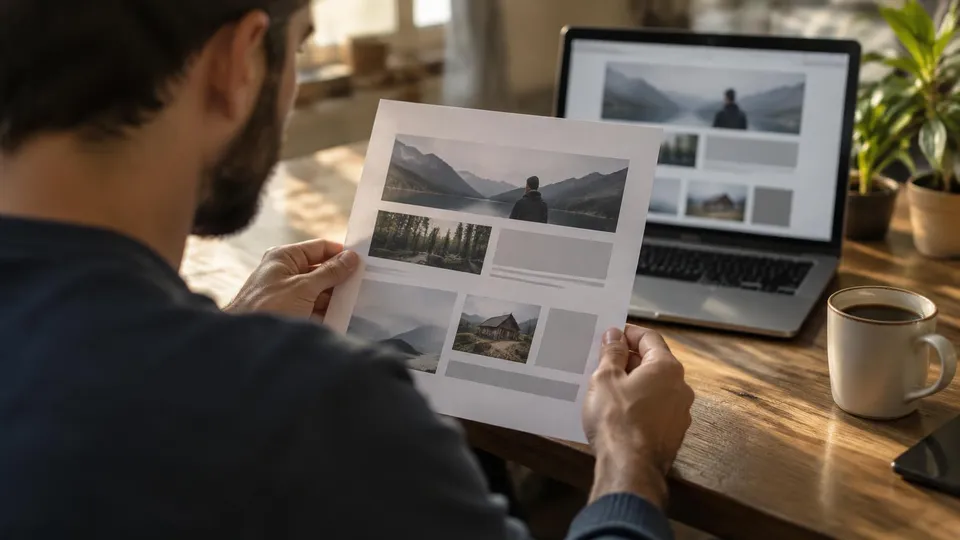 A man at a desk compares a printed web page with the same page open on his laptop
