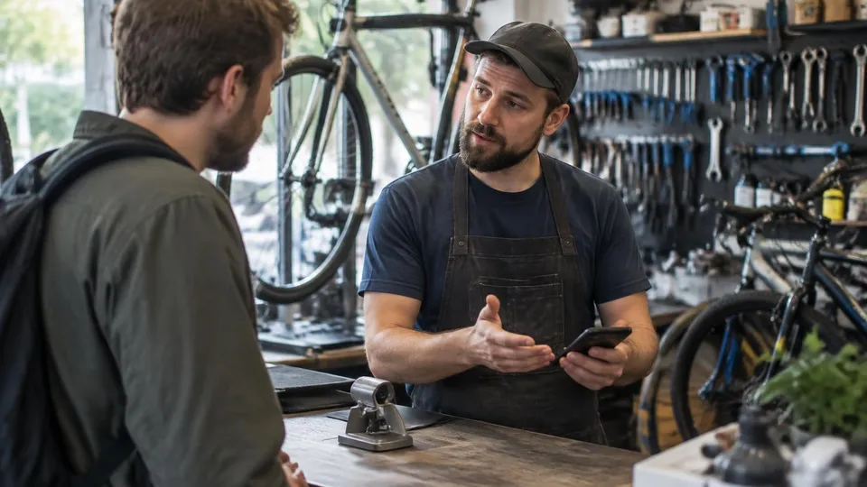A bicycle repair shop owner holding a phone talks with a customer across the shop counter, tools on the wall behind