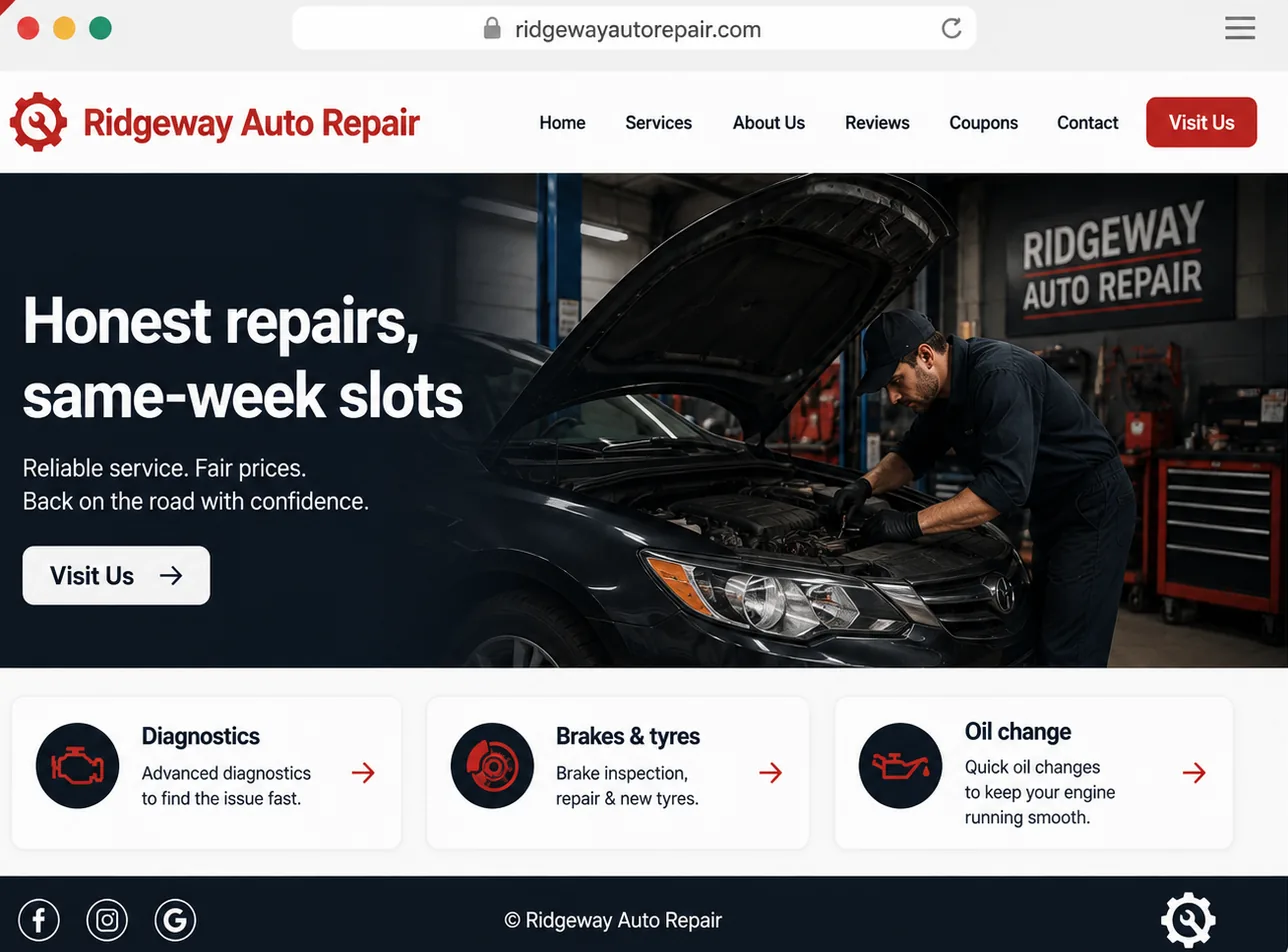 Sample auto repair shop website used as a scan example