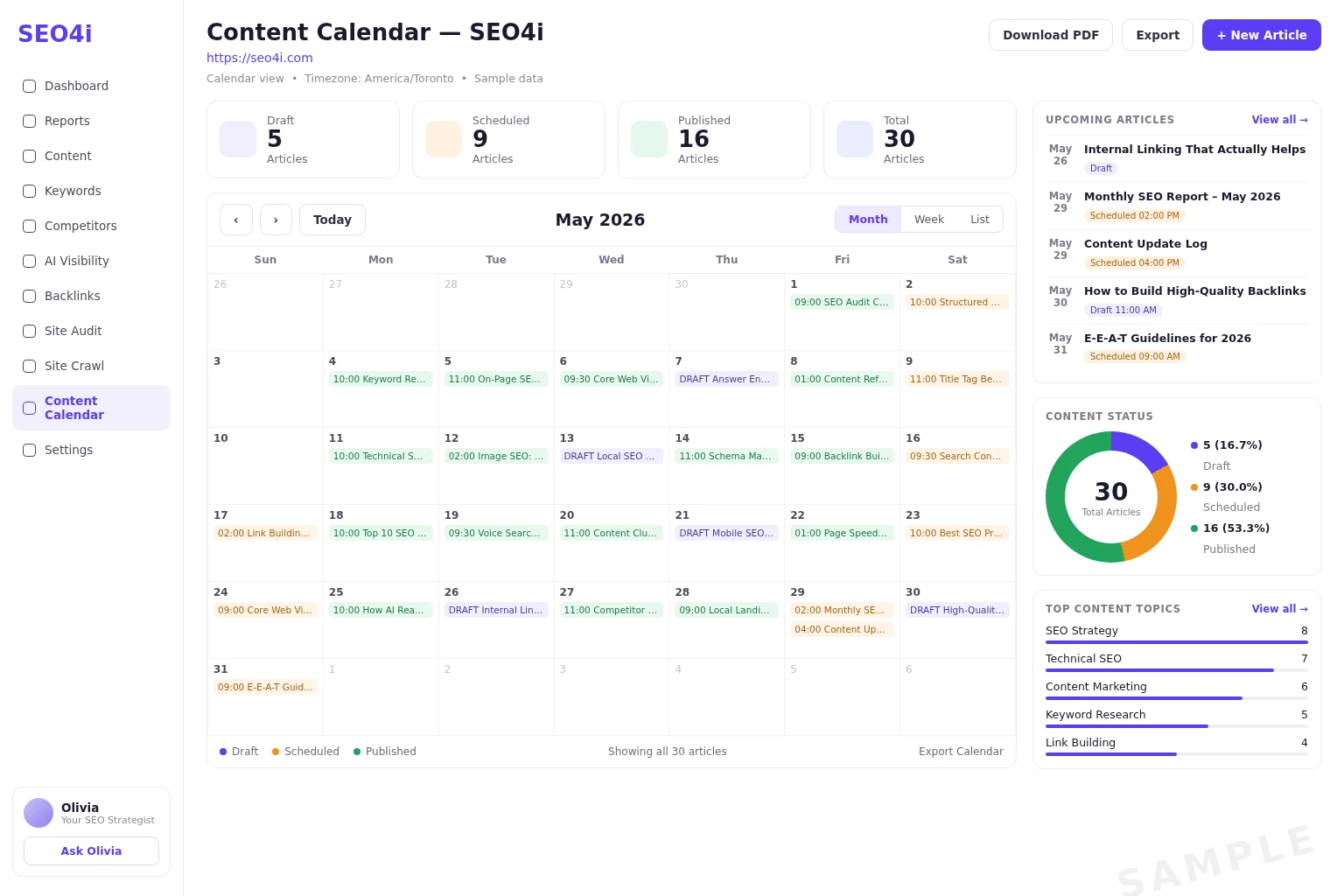 Sample SEO4i content calendar showing draft, scheduled and published articles